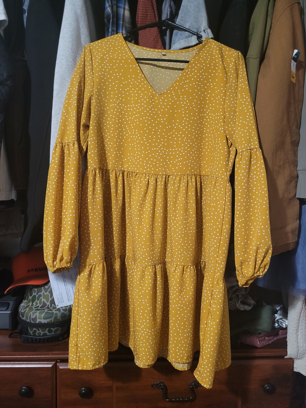 Brand V-Neck Mustard Polka Dot Tiered Long Sleeve Dress